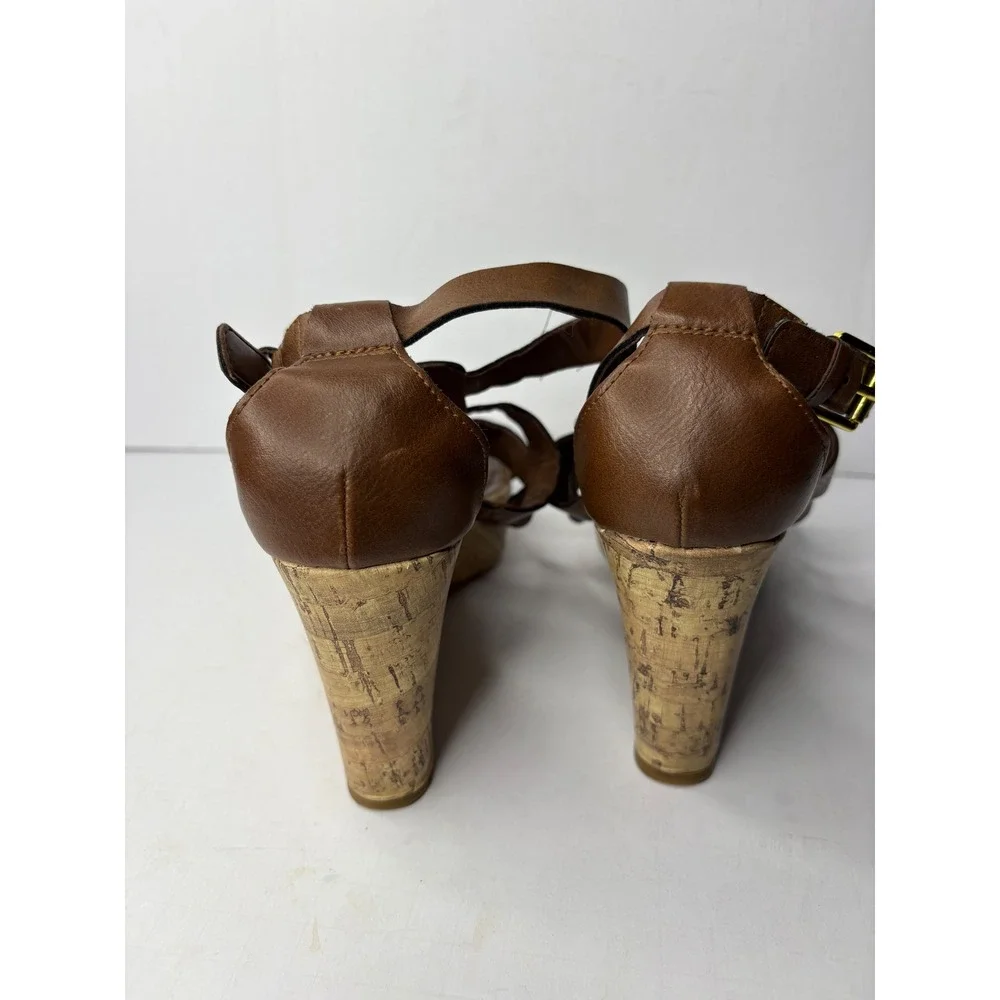 Chaps Brown Strappy Cork Wedge Sandals Womens 6.5B Platform‎ Buckle Gladiator